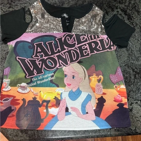 Disney parks Alice in Wonderland cold shoulder sequin embellished  T shirt - Picture 10 of 14